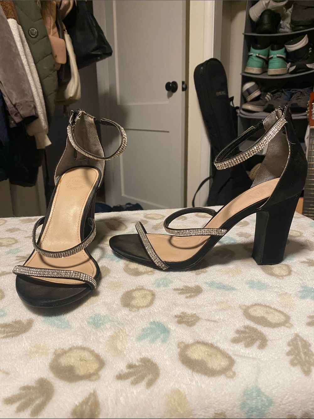 Black Rhinestone Ankle-Strap Block Heels